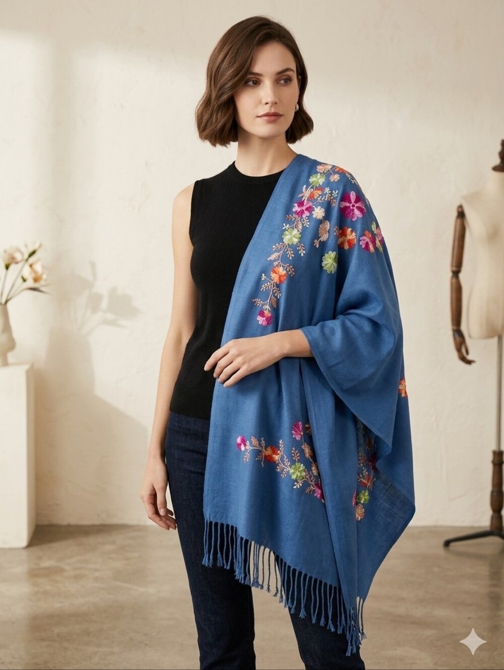 ITALMODE Royal Blue Embroidered Fringe Scarf